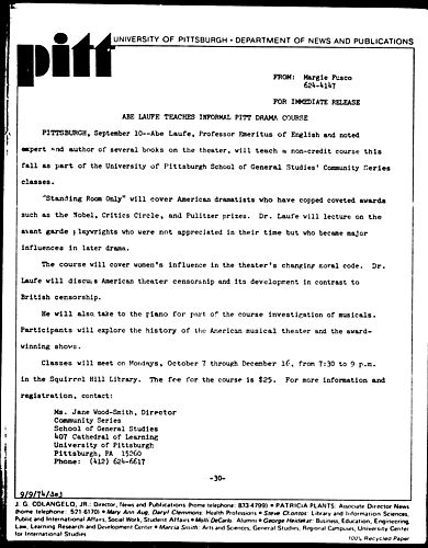 Abe Laufe Teaches Informal Pitt Drama Course