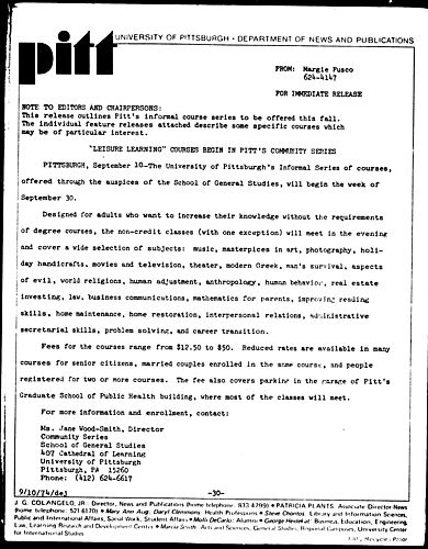 "Leisure Learning" Courses Begin In Pitt's Community Series