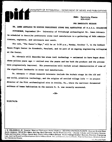 Dr. James Adovasio To Discuss Prehistoric Stone Tool Manufacture At N.A.S.A. Colloquium