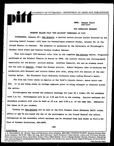 Nureyev Ballet Film "Don Quixote" Premieres At Pitt