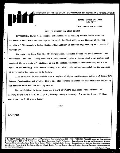 Pitt To Exhibit Da Vinci Models