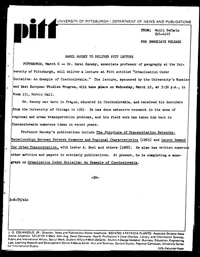 Karel Kansky To Deliver Pitt Lecture