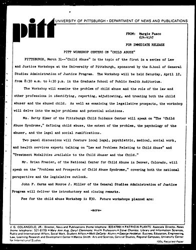 Pitt Workshop Centers On "Child Abuse"