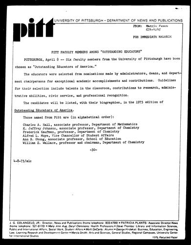 Pitt Faculty Members Among "Outstanding Educators"