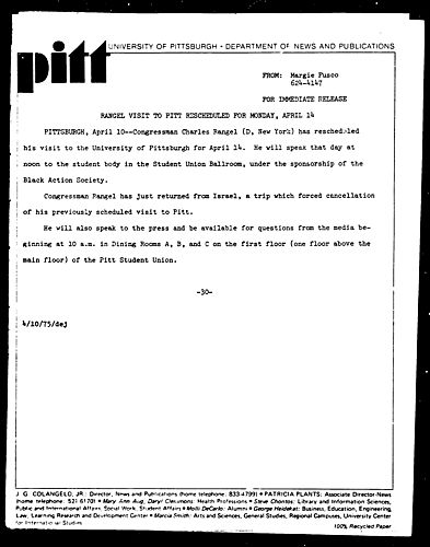 Rangel Visit To Pitt Rescheduled For Monday April 14