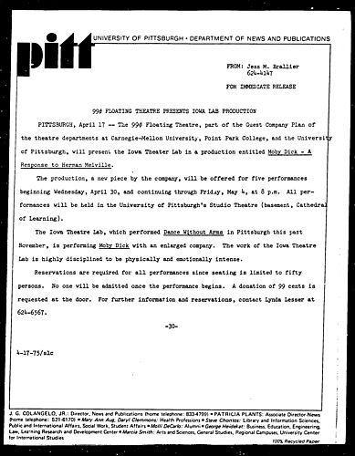 99 Cent Floating Theatre Presents Iowa Lab Production