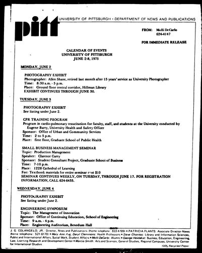 Calendar Of Events University Of Pittsburgh June 2-8, 1975