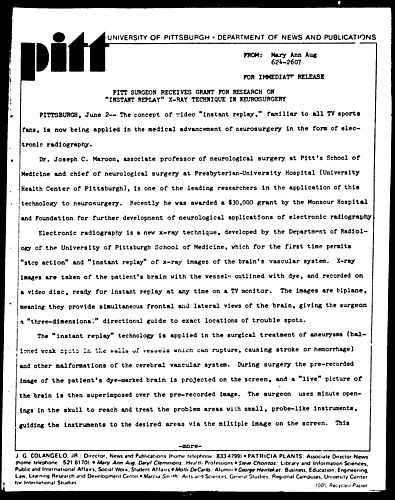 Pitt Surgeon Receives Grant For Research On "Instant Replay" X-Ray Technique In Neurosurgery