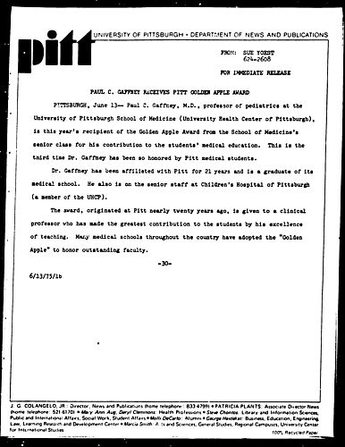 Paul C. Gaffney Receives Pitt Golden Apple Award