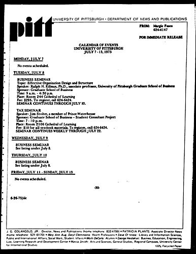 Calendar Of Events University Of Pittsburgh July 7-13, 1975