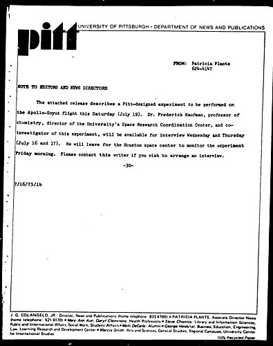 Pitt-Designed Experiment To Be Performed On Apollo-Soyuz Flight