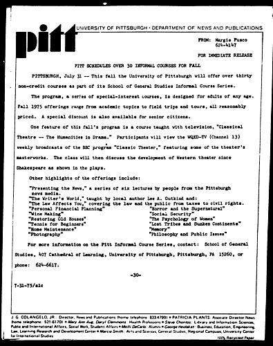 Pitt Schedules Over 30 Informal Courses For Fall