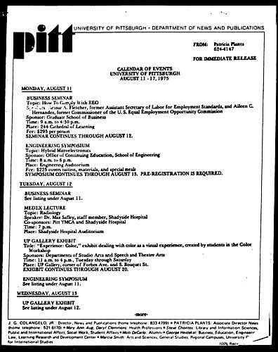 Calendar Of Events University Of Pittsburgh August 11-17, 1975