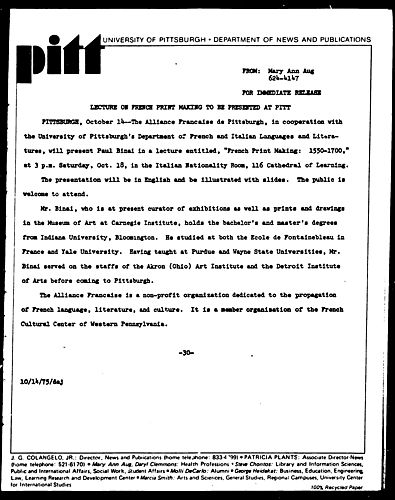 Lecture On French Print Making To Be Presented At Pitt