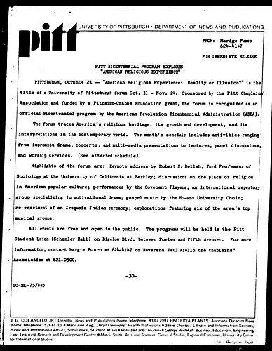 Pitt Bicentennial Program Explores "American Religious Experience"