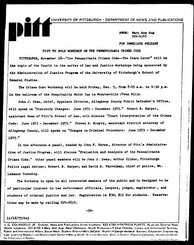 Pitt To Hold Workshop On The Pennsylvania Crimes Code