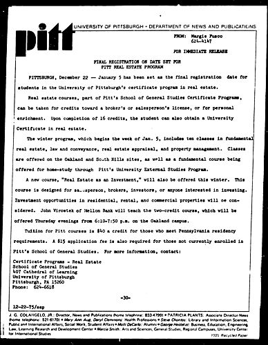 Final Registration On Date Set For Pitt Real Estate Program