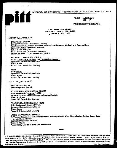 Calendar Of Events University Of Pittsburgh January 19-25, 1976
