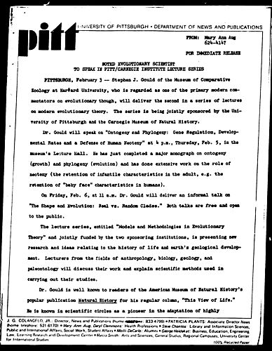 Noted Evolutionary Scientist To Speak In Pitt/Carnegie Institute Lecture Series