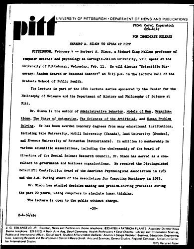 Herbert A Simon To Speak At Pitt