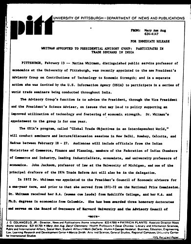 Whitman Appointed To Presidential Advisory Group: Participates In Trade Seminars In India