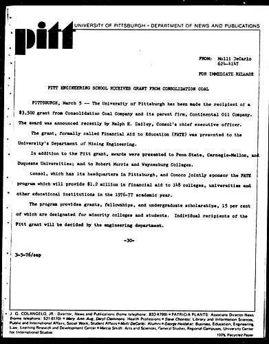 Pitt Engineering School Receives Grant From Consolidation Coal