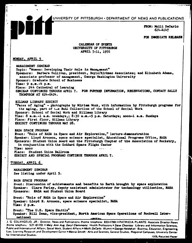 Calendar Of Events University Of Pittsburgh April 5-11, 1976