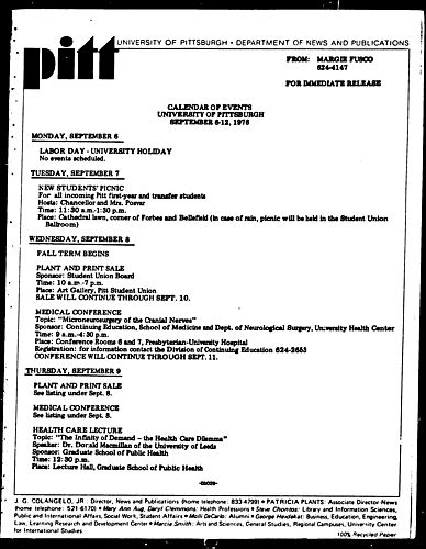 Calendar Of Events University Of Pittsburgh September 6-12, 1976