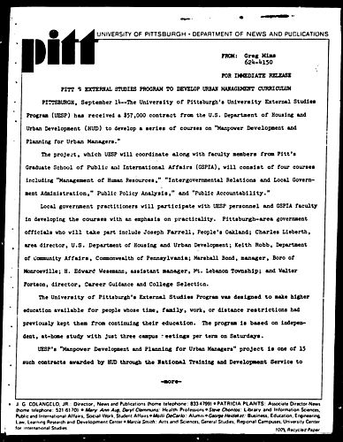 Pitt's External Studies Program To Develop Urban Management Curriculum