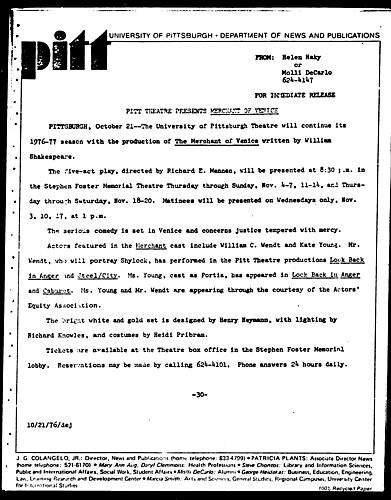 Pitt Theatre Presents Merchant Of Venice