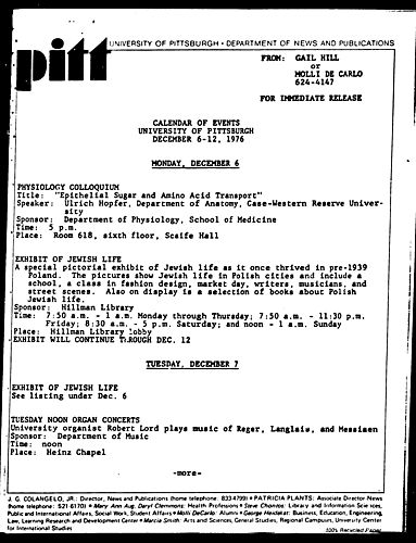 Calendar Of Events University Of Pittsburgh December 6-12, 1976