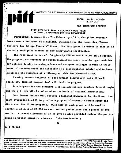 Pitt Receives Summer Seminar Grant From National Endowment For The Humanities