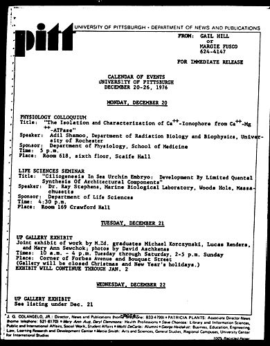 Calendar Of Events University Of Pittsburgh December 20-26, 1976