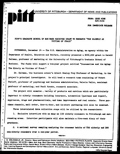 Pitt's Graduate School Of Business Receives Grant To Research "The Elderly As Victims Of Fraud"