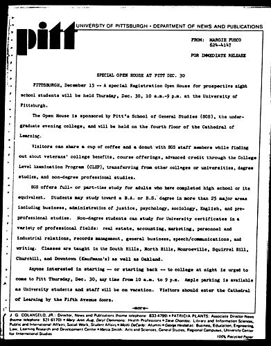 Special Open House At Pitt Dec. 30