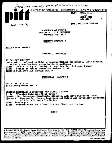 Calendar Of Events University Of Pittsburgh January 3-9, 1977