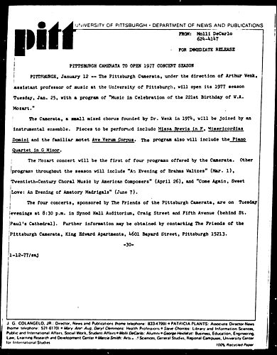 Pittsburgh Camerata To Open 1977 Concert Season