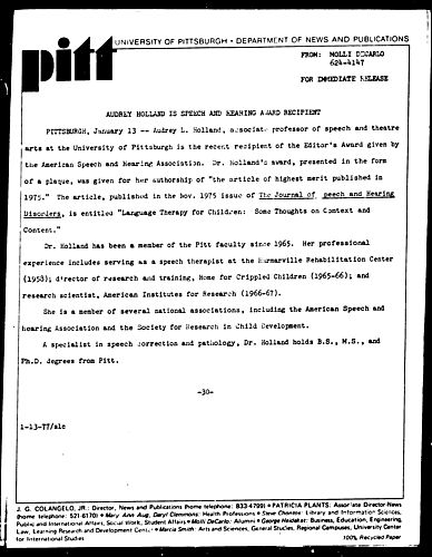 Audrey Holland Is Speech And Hearing Award Recipient