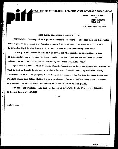 Roots Panel Discussion Planned At Pitt