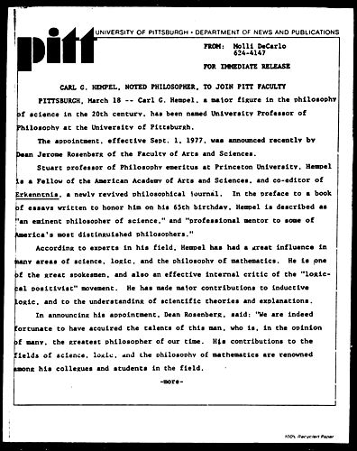 Carl G. Hempel, Noted Philosopher, To Join Pitt Faculty