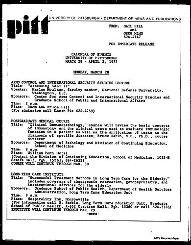 Calendar Of Events University Of Pittsburgh March 28 - April 3, 1977