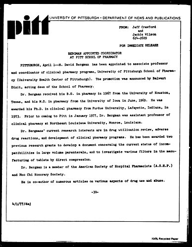 Bergman Appointed Coordinator At Pitt School Of Pharmacy