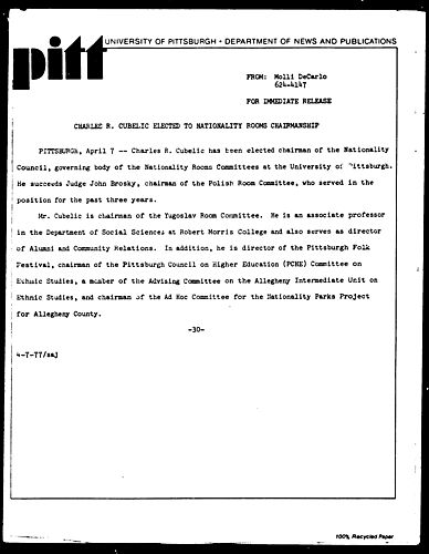 Charles R. Cubelic Elected To Nationality Rooms Chairmanship