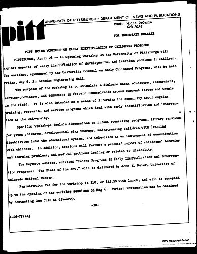 Pitt Holds Workshop On Early Identification Of Childhood Problems