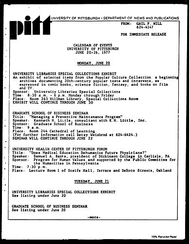 Calendar Of Events University Of Pittsburgh June 20-26, 1977