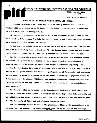 Pitt's UP Gallery Display Works Of Morrill And Marinaro