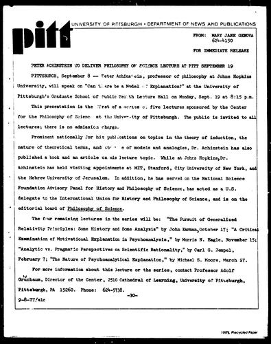 Peter Achinstein To Deliver Philosophy Of Science Lecture At Pitt September 19