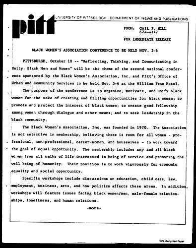 Balck Women's Association Conference To Be Held Nov. 3-6