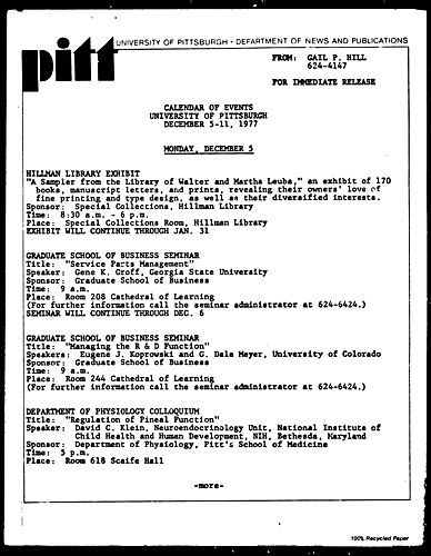 Calendar Of Events University Of Pittsburgh December 5-11, 1977