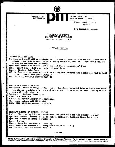 Calendar Of Events University Of Pittsburgh June 26 - July 2, 1978